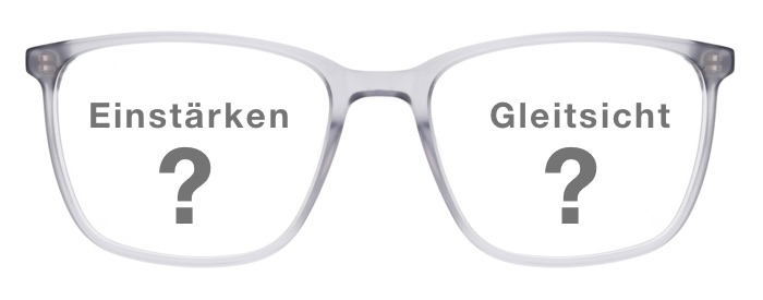 Das Bild zeigt eine Brille und die Wörter Einstärken oder Gleitsicht im Vergleich